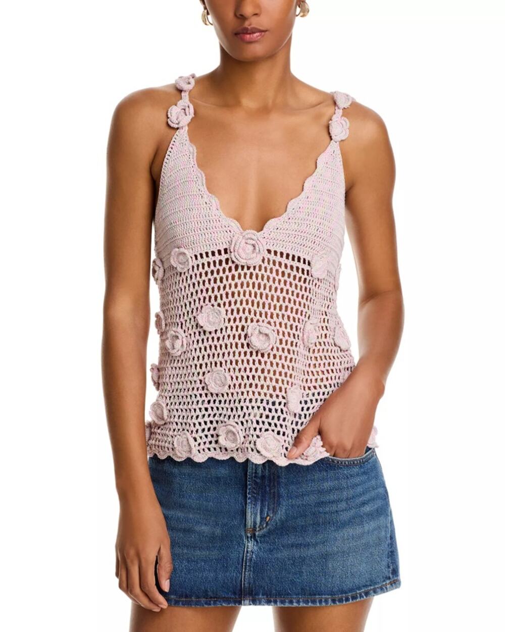 BlankNYC Women Twinkle Toes Pink Sheer Crochet Cotton Blend Boho Tank Top Size M